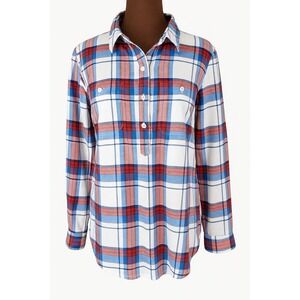 Caslon Tunic Top Women Small Red Blue Plaid Button Up‎ Long Sleeve Lightweight